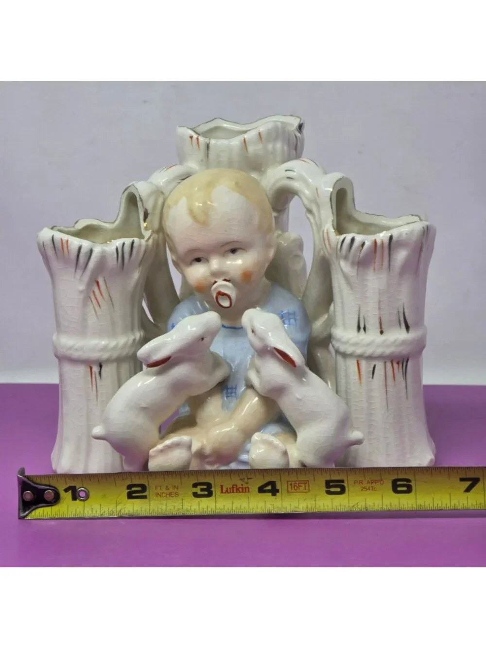 Vintage Made In Japan Baby‎ With Rabbits Ceramic Flower Vase Planter Figurine